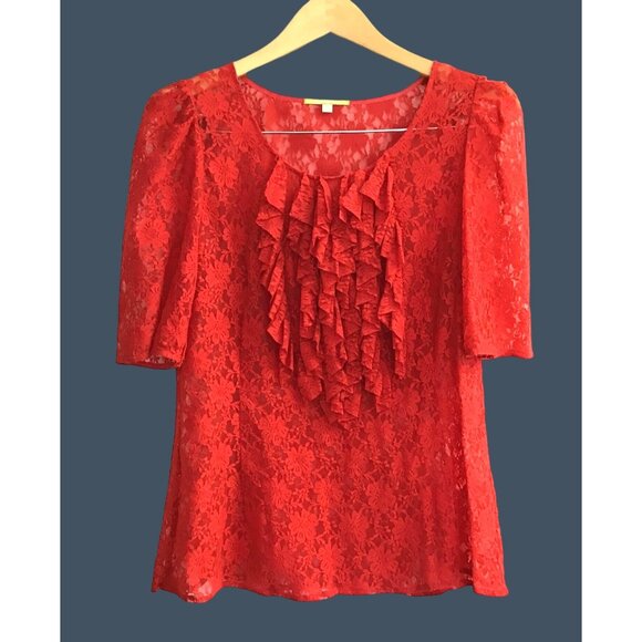 GIANNI BINI -WOMENS FRONT RUFFLE SHORT SLEEVE RED LACE WOMEN'S TOP SIZE LARGE - Picture 1 of 6